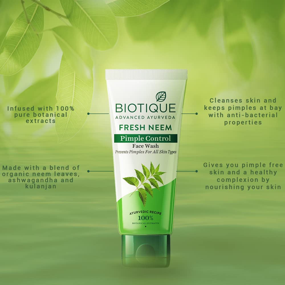 Biotique Fresh Neem Pimple Control Face Wash| Ayurvedic and Organically Pure| Prevents Pimples |Suitable for All Skin Types | 150mL